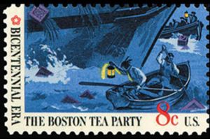Teapartiers in Boat next to Ship's Hull
